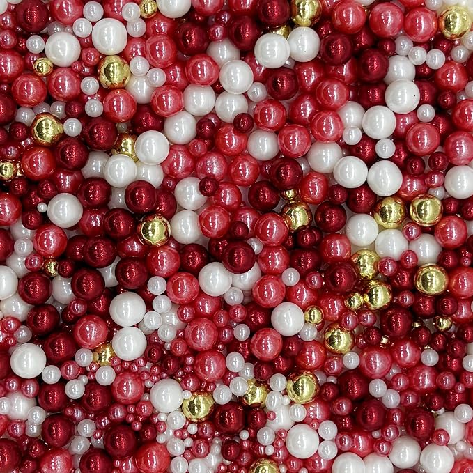 Edible Red Series & Gold & White Sugar Pearls Sprinkles Candy Mix Size Pearls Cake Decorations Cupcake Toppers Decorating Perfect for Wedding Party Valentine Supplies 4.58OZ