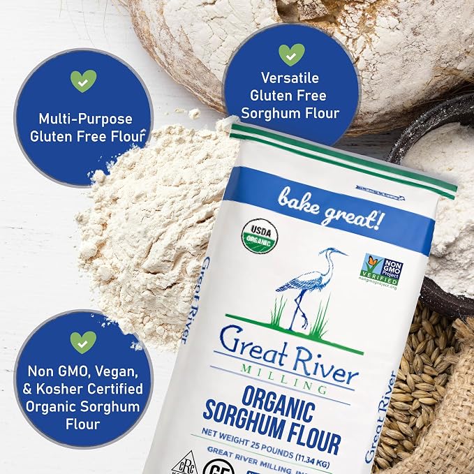 Great River Milling Organic Sorghum Flour | Whole Grain Gluten Free Flour | Non-GMO, Vegan & Kosher Certified | Milled for Smooth Texture | Ideal for Bulk Baking & Cooking, Pancakes & Batters | 25 Lb