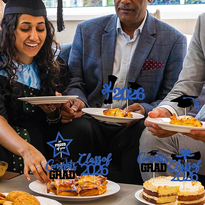 48 PCS Grad Cupcake Toppers, 6 Styles Graduation Cake Topper, Congrats Graduation Decorations 2026, Glittery Black and Blue Cap and Diploma Cake Picks for Grad Decor Party Supplies