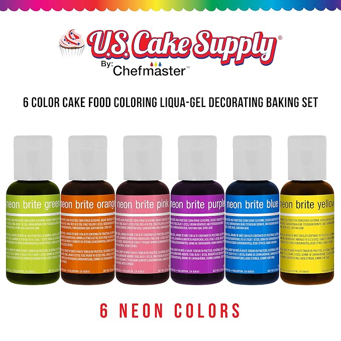 6 Color Cake Food Coloring Liqua-Gel Decorating Baking Neon Colors Set - U.S. Cake Supply .75 fl. Oz. (20ml) Bottles Neon Colors - Made in the U.S.A.