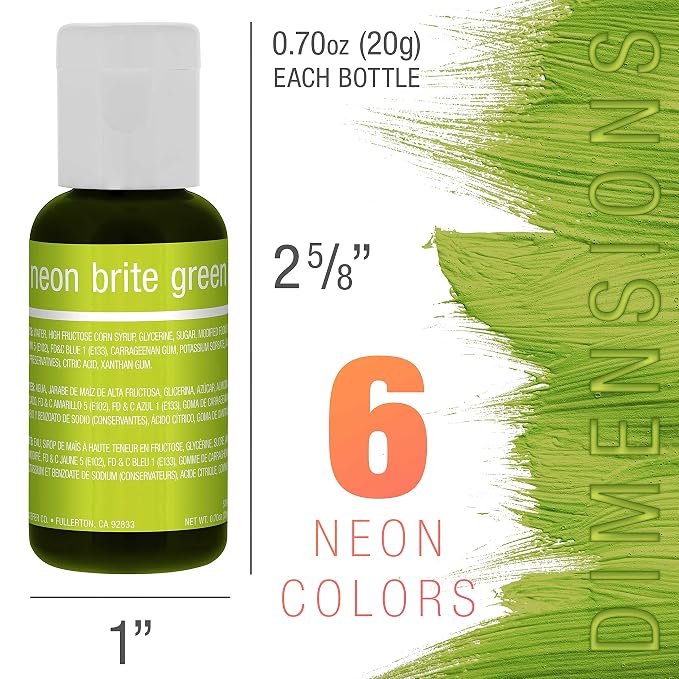 6 Color Cake Food Coloring Liqua-Gel Decorating Baking Neon Colors Set - U.S. Cake Supply .75 fl. Oz. (20ml) Bottles Neon Colors - Made in the U.S.A.