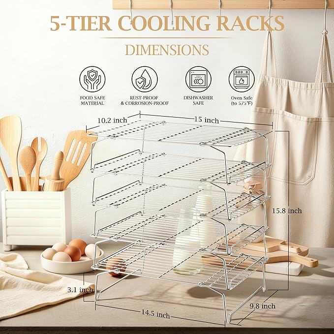LIANYU Cooling Rack 15"x10", 5-Tier Stackable & Collapsible Stainless Steel Baking Wire Racks for Cooking, Baking, Roasting, Drying, Oven & Dishwasher Safe, Silver
