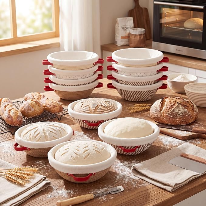 Gisafai 12 Set Banneton Bread Proofing Baskets Bulk 9 Inch Round Cotton Rope Artisan Sourdough Bread Banneton Dough Proofing Bowls with Cloth Liners and Covers for Homemade Baking Bakery