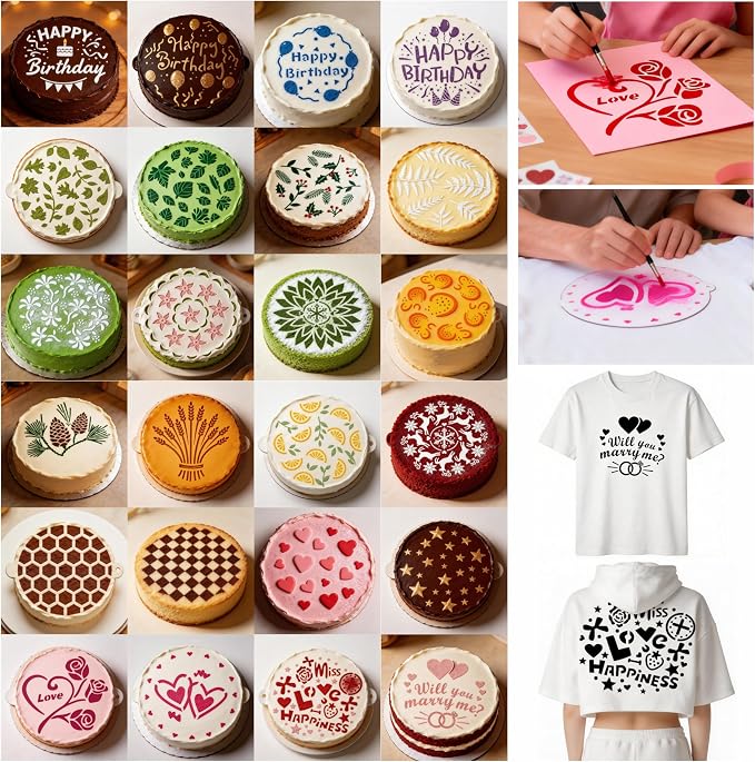 Cake Stencils Set 24 Templates - Happy Birthday, Love, Hearts, Floral - Reusable Laser-Cut for Fondant Buttercream Painting, Baking & DIY Decor (Art Deco)