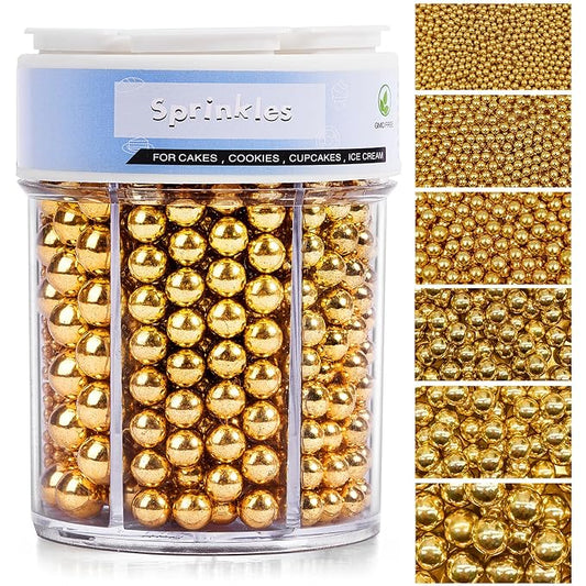 Sprinkles for Cake Decorating, 11Oz Gold Pearl Sprinkles 6 Sizes Mix for Cake Cupcake Ice Cream Donuts Cookie Baking Toppings