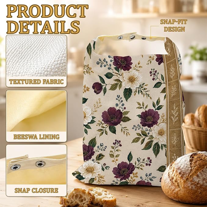 2 Pack Beeswax Burgundy Floral Bread Bags for Sourdough Homemade Breads, Reusable Beeswax Bread Ivory Botanical Storage Bag, Keep Loaves Fresh Longer, Freezer Safe & Airtight, Zero Waste 17 x 13''