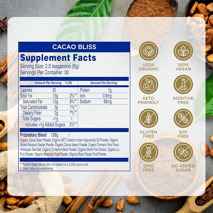 Earth Echo Cacao Bliss - Ceremonial Grade Organic Raw Cacao Powder with MCT Oil & Turmeric - Supports Energy Boost, Mindful Snacking & Focus - Unsweetened, Vegan, GMO & Gluten-Free, 30 Servings