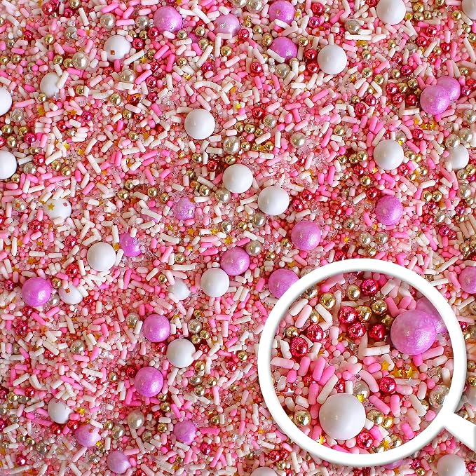 Sprinkle Pop Pink Velvet Sprinkle Mix| Pastel Pink and White Sprinkles with Edible Metallic Dragees| Decorating Sprinkles Made in USA for Princess Baby Shower Gender Reveal Cake Cupcakes Cookies, 2oz
