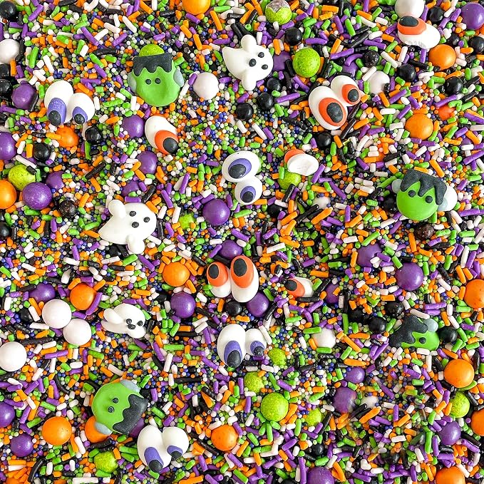 Sprinkle Pop Monster Mashup Sprinkle Mix| Orange Black White Lime Purple Sprinkles| Halloween Sprinkles with ~6 monster, ghosts, creepy eyeballs Made in USA for Decorating Cakes Cookies Cupcakes, 2oz
