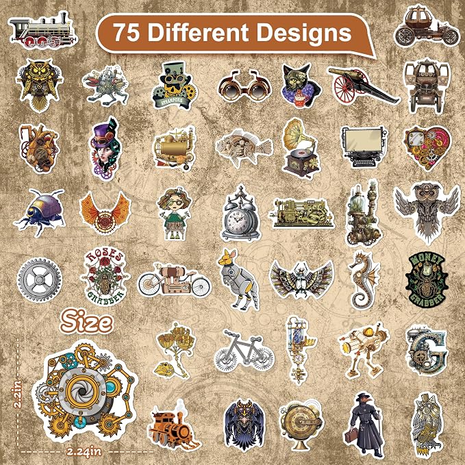 75 Pcs Steampunk Stickers for Scrapbooking, Waterproof Vinyl Vintage Gear Clockwork Industrial Stickers for Laptops Water Bottles Journals, Decorative Decals for Teens Students Adults