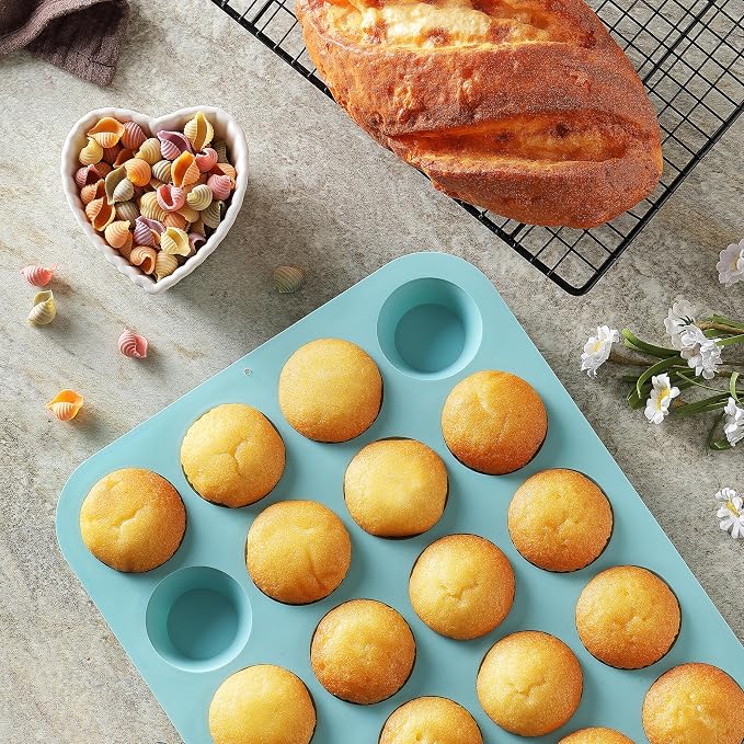 2PCS Silicone Mini Muffin & Cupcake Pan Set, Little Cook 24 Cups Mini Muffin Baking Pan, Non-Stick, BPA Free, Dishwasher Safe, Perfect for Making Muffin, Cakes, Tart (Orange + Peacock Blue)