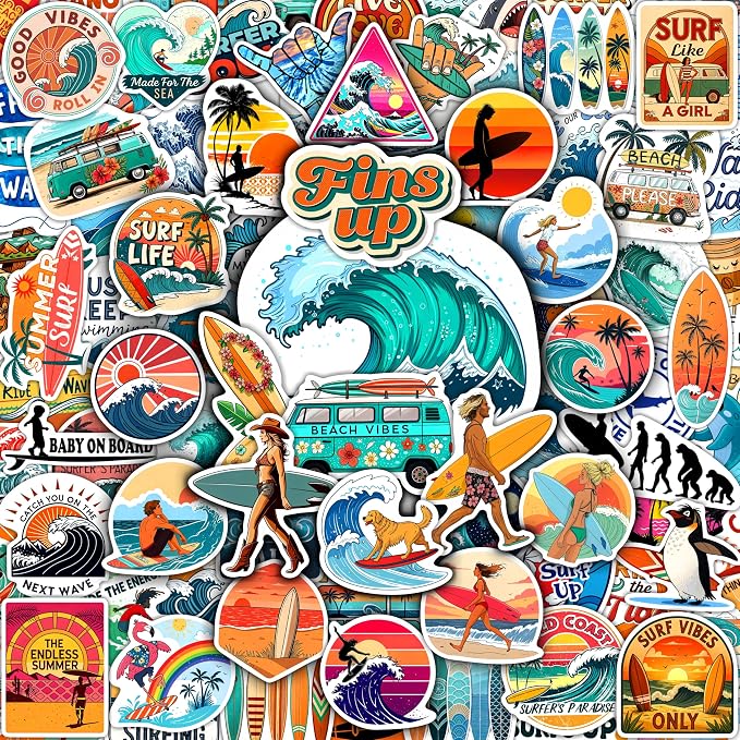 100Pcs Surf & Wave Stickers for Laptop, for Water Bottles, Surfing Stickers - Surfing Gifts for Surfers - Surf Party Supplies & Decoretions - Gift for Women & Men