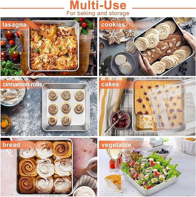 Herogo 8''x 8'' Stainless Steel Square Baking Pan with Lid(4 Pans + 4 Lids), Rectangle Cakes Brownie Lasagna Bakeware Set of 4, Healthy & Dishwasher Safe