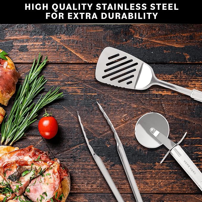 Home Hero 54-Piece Stainless Steel Kitchen Utensils Set - Heat-Resistant Nonstick Silicone & Stainless Steel Cooking Utensils - Complete Tools with Slotted Spoon & Pasta Spoon - Pack of 54, Silver