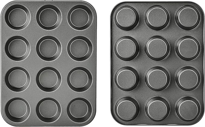 Amazon Basics Nonstick Muffin Pan,Set of 2,Sturdy,Oven Safe,Bakes Evenly,Easy to Clean,12 Cups,Gray,13.9x10.55x1.22,(Pack of 4)