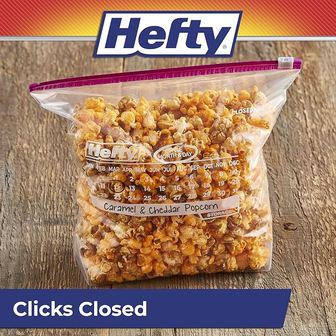 Hefty Calendar Slider Gallon Storage Bags, 30 Count (Pack of 4), Gallon Slider Bags with Calendar Dates, Holds Raw Meat, Breads, Fruits and Veggies, Zip and Click Closure, 120 Total Count