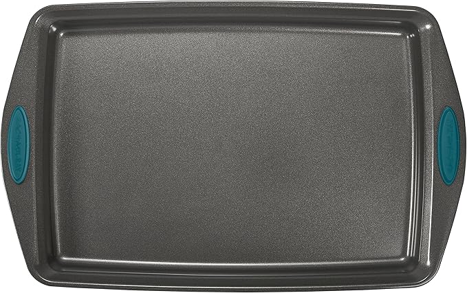 Rachael Ray Nonstick Bakeware Cookie Pan Set, 3-Piece, Gray with Marine Blue Silicone Grips