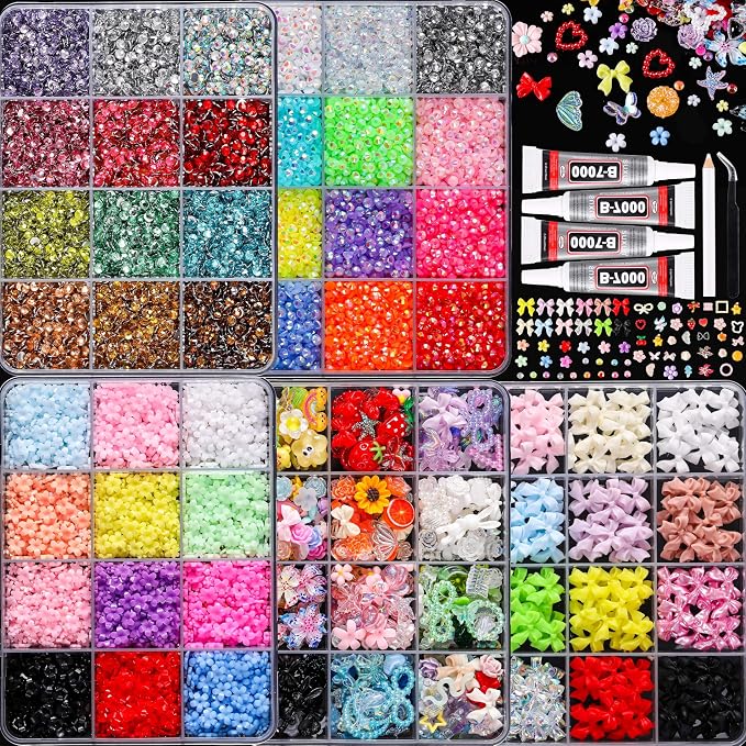 Bedazzling Kit – 5 Boxes 3D Nail Art Accessories: Multi-Colored Resin Rhinestones 24 Colors, Resin Flowers, Bowknot & Mixed Nail Decorations, 12-Grid Storage, DIY for Manicure & Nail Art
