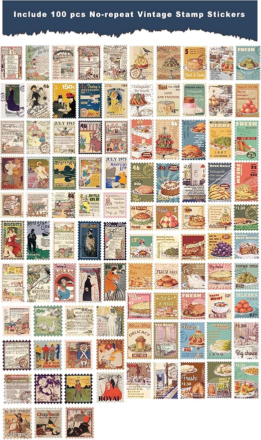 Prstincol 100 Pcs Scrapbooking Stickers,Food Stickers for Scrapbooking,Vintage Stamp Sticker for Journaling,Retro Poster Sticker for Water Bottle Laptop Phones Bullet Journal