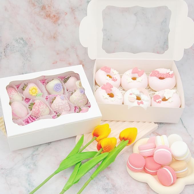 50pcs 8x6x2.5 Inch White Bakery Boxes Cookie Boxes with Window Treat Boxes Dessert Boxes for Cookie,Pastry,Macaron,Donut,Muffins,Chocolate,Cupcake and Candy Gift Giving