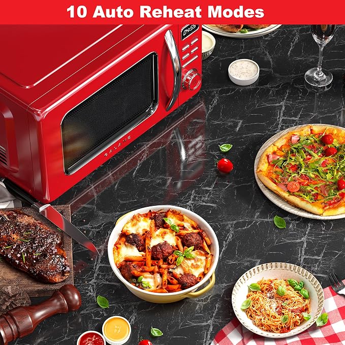 Galanz GLCMKZ11RDR10 Retro Countertop Microwave Oven with Auto Cook & Reheat, Defrost, Quick Start Functions, Easy Clean with Glass Turntable, Pull Handle, 1.1 cu ft, Red