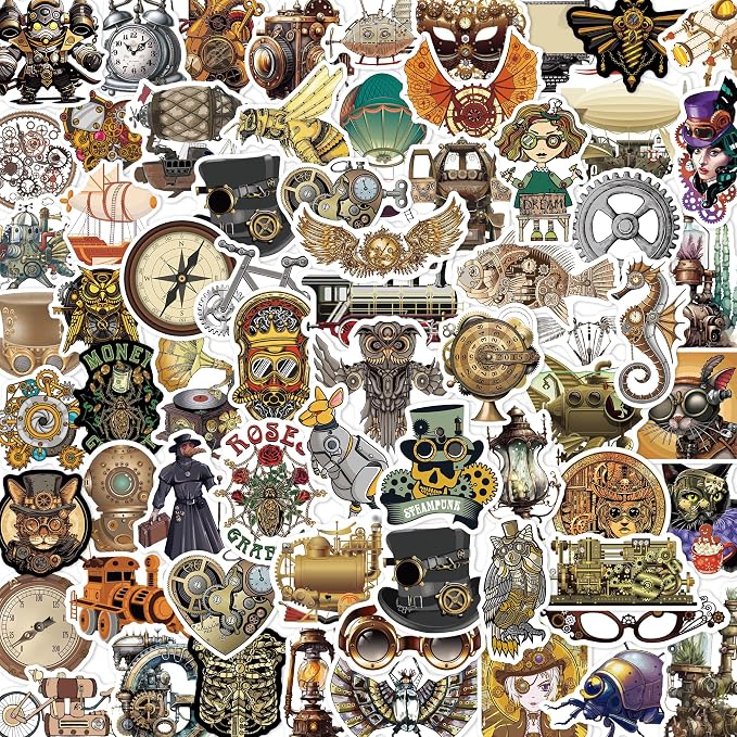 75 Pcs Steampunk Stickers for Scrapbooking, Waterproof Vinyl Vintage Gear Clockwork Industrial Stickers for Laptops Water Bottles Journals, Decorative Decals for Teens Students Adults