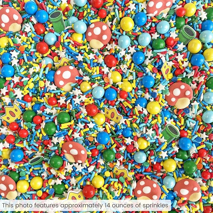 Sprinkle Pop Gamer Sprinkle Mix| Red Green Blue Yellow Sprinkles with ~10 Italian Plumber Pipes Crowns & Mushrooms| It's Me Sprinkles Made in USA for Decorating Boys Girls Birthday Cakes Cupcakes, 2oz