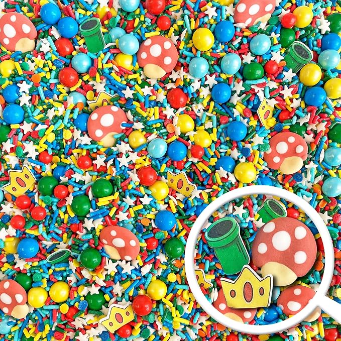 Sprinkle Pop Gamer Sprinkle Mix| Red Green Blue Yellow Sprinkles with ~20 Italian Plumber Pipes Crowns & Mushrooms| It's Me Sprinkles Made in USA for Decorating Boys Girls Birthday Cakes Cupcakes, 4oz