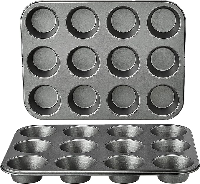 Amazon Basics Nonstick Muffin Pan, Set of 2, Sturdy, Oven Safe, Bakes Evenly, Easy to Clean, 12 Cups, Gray, 13.9x10.55x1.22"