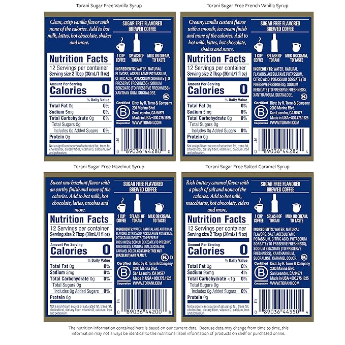 Torani Sugar Free Syrup, Coffeehouse Variety Pack, 12.7 Ounce (Pack of 4)
