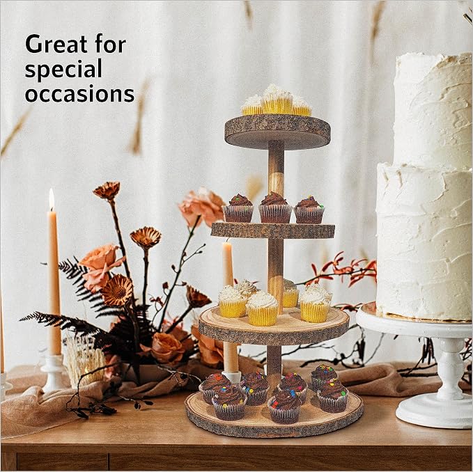 Wooden 4 Tier Rustic Cupcake Stand, Great for Wedding Cake Wood Display Tiered Centerpiece, Dessert Tower for Parties & Events