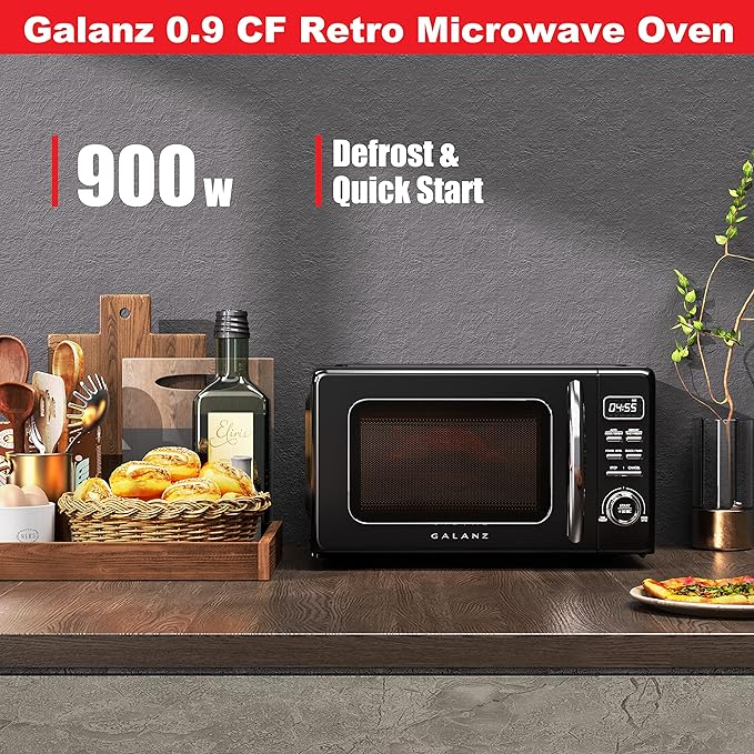 Galanz GLCMKZ09BKR09 Retro Countertop Microwave Oven with Auto Cook & Reheat, Defrost, Quick Start Functions, Easy Clean with Glass Turntable, Pull Handle, 0.9 cu ft, Black