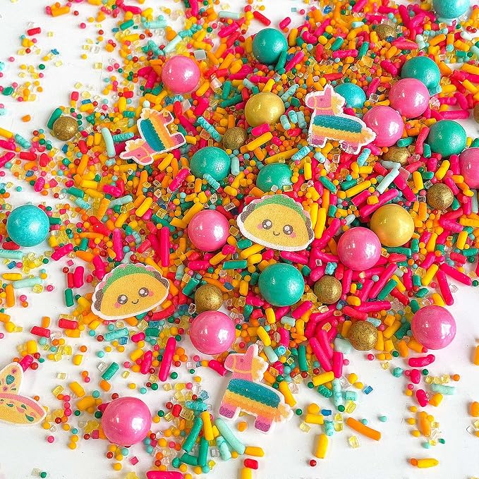 Cinco De Mayo Sprinkle Mix| Made In USA By Sprinkle Pop| Golden Yellow Pink Turquoise Sprinkles with Tacos Piñatas Wafer Paper| Decorating Sprinkles For Taco Tuesday Donuts Cupcakes Cakes Cookies, 4oz
