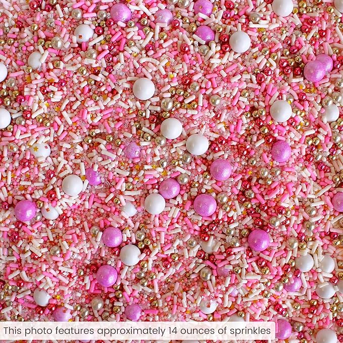 Sprinkle Pop Pink Velvet Sprinkle Mix| Pastel Pink and White Sprinkles with Edible Metallic Dragees| Decorating Sprinkles Made in USA for Princess Baby Shower Gender Reveal Cake Cupcakes Cookies, 2oz